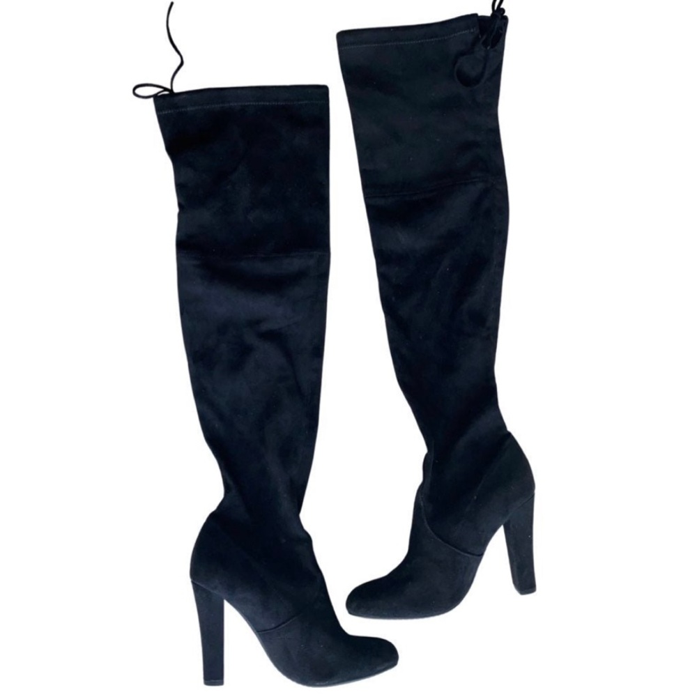 Black Over the Knee Boots with High Heel and Suede Material